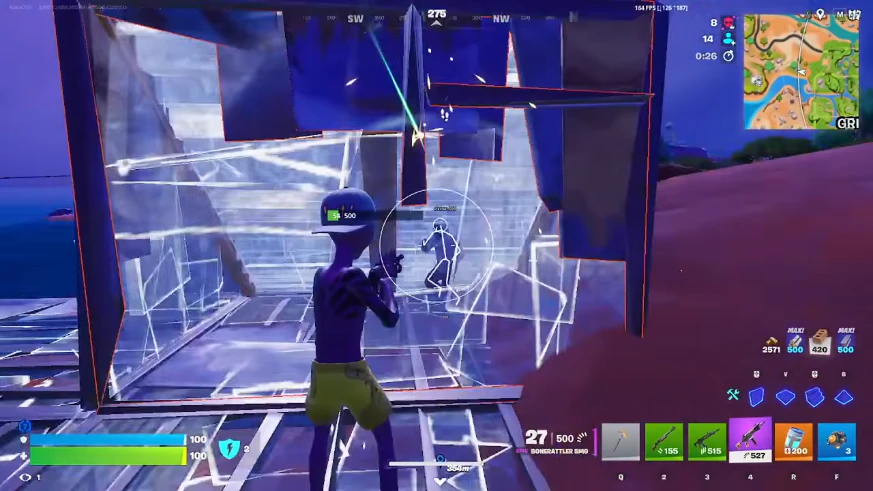 Fortnite sniper aimbot with green ESP box, weapon label, and scoped FOV circle