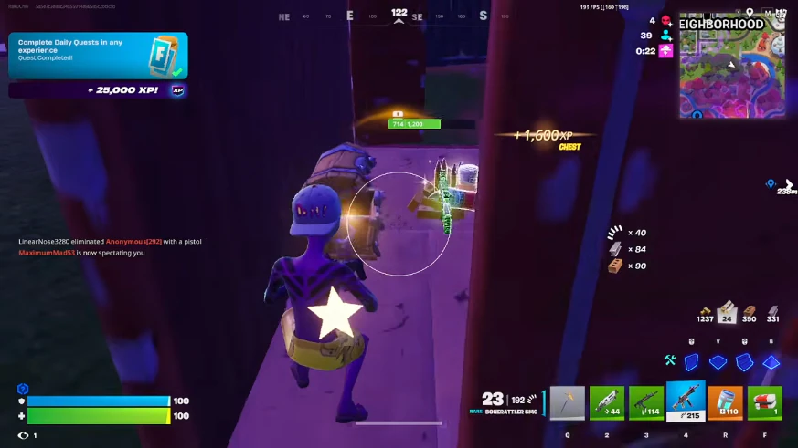 Fortnite loot and chest ESP with enemy boxes and distance trackers on the map
