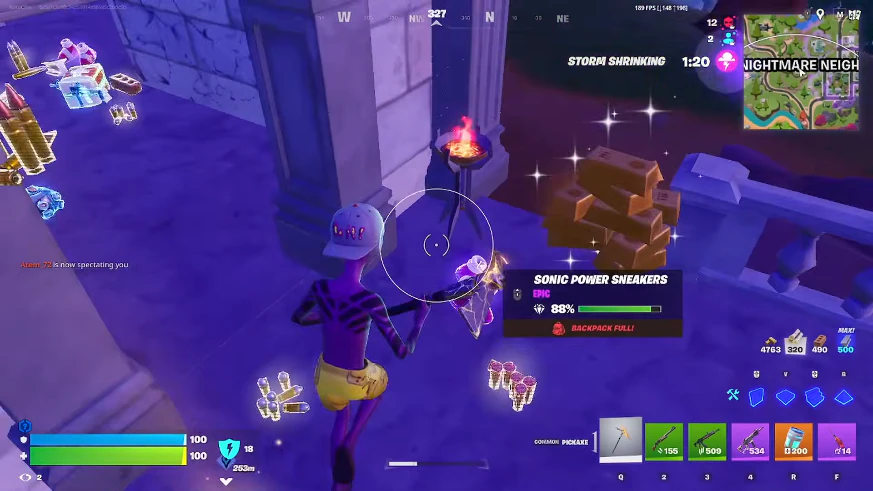 Fortnite spawn island ESP with skeleton boxes and aimbot reticle overlay
